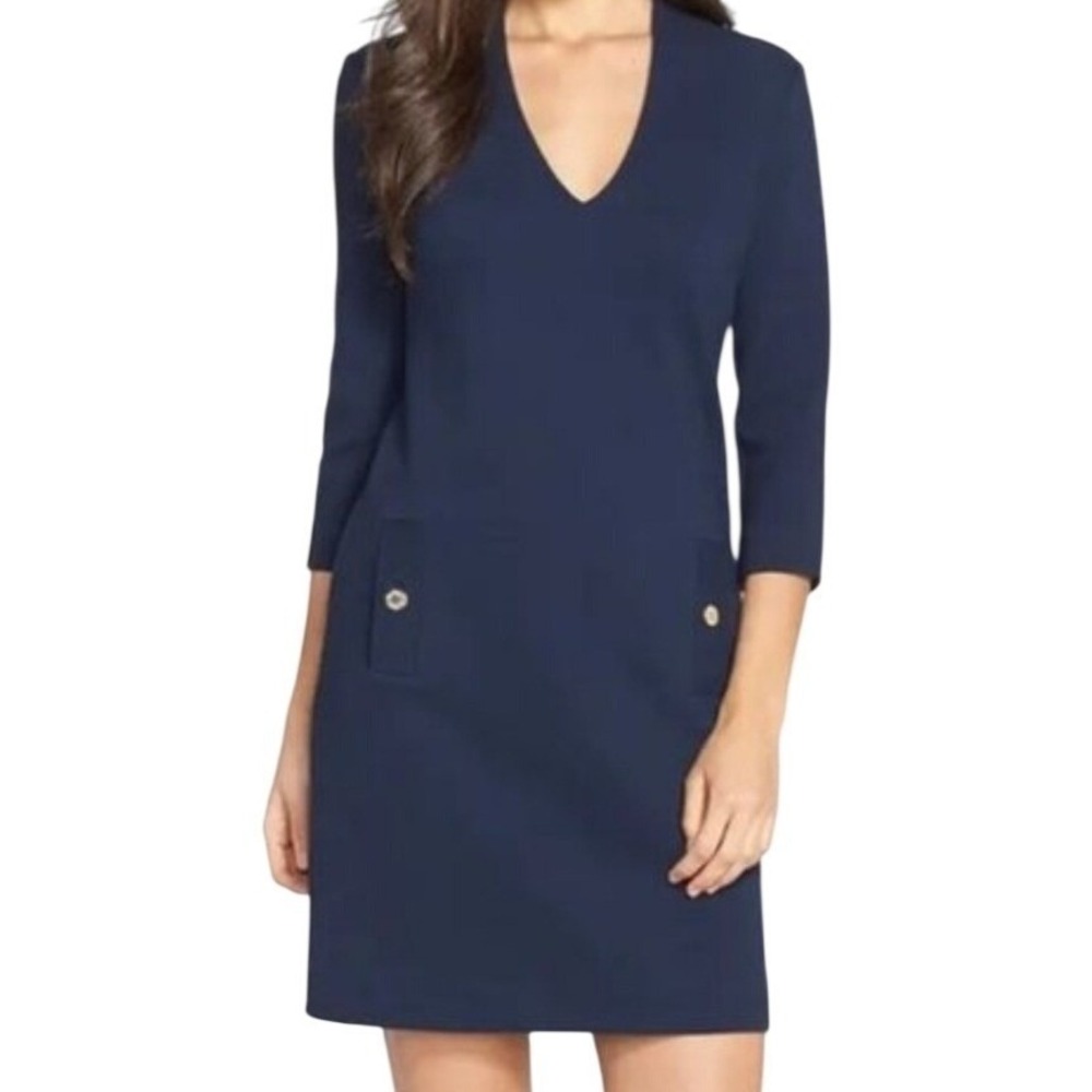 Lilly Pulitzer Charlena Navy Blue V-Neck 3/4 Sleeve Shift Dress Sz S/M (*L)‎